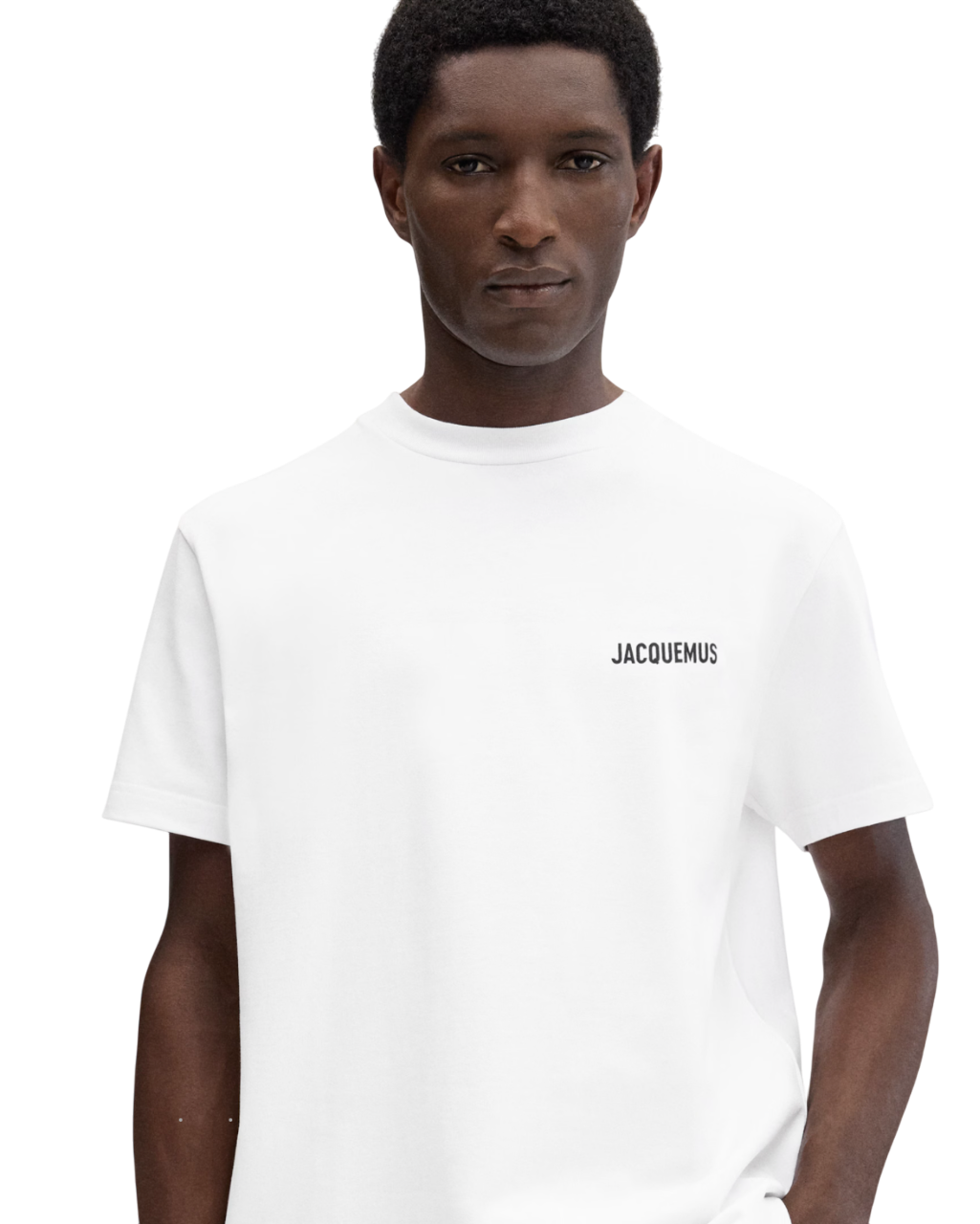 White oversized JACQUEMUS address t-shirt with logo on chest, short sleeves, and ribbed crewneck.