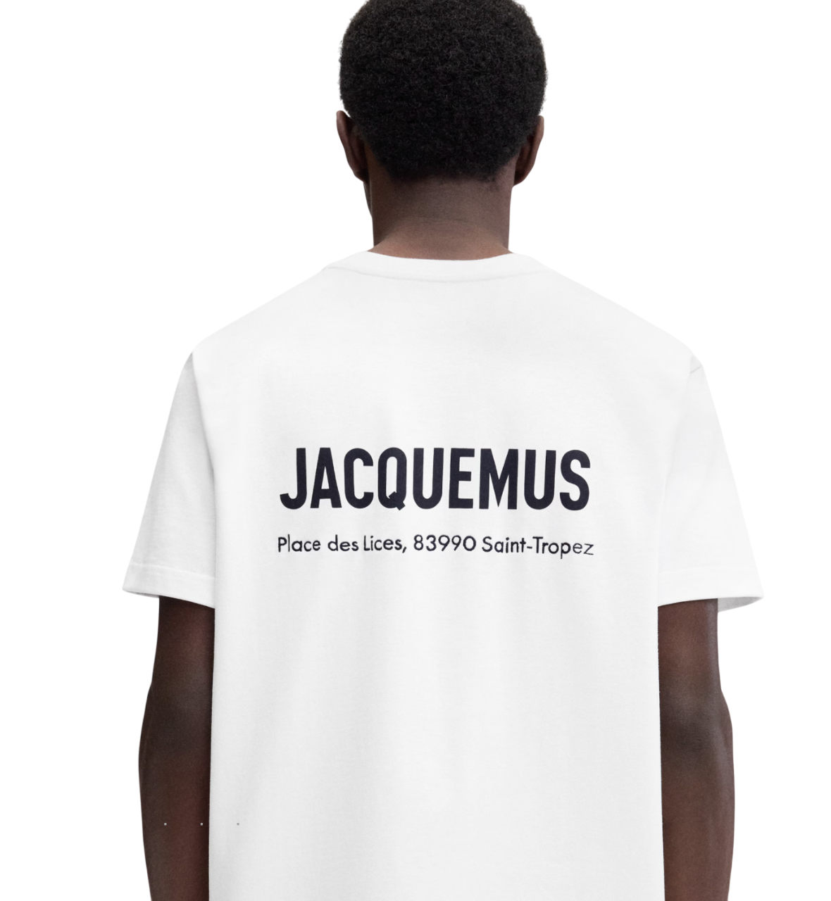 Back view of a white unisex oversized t-shirt featuring JACQUEMUS logo and Saint-Tropez address.