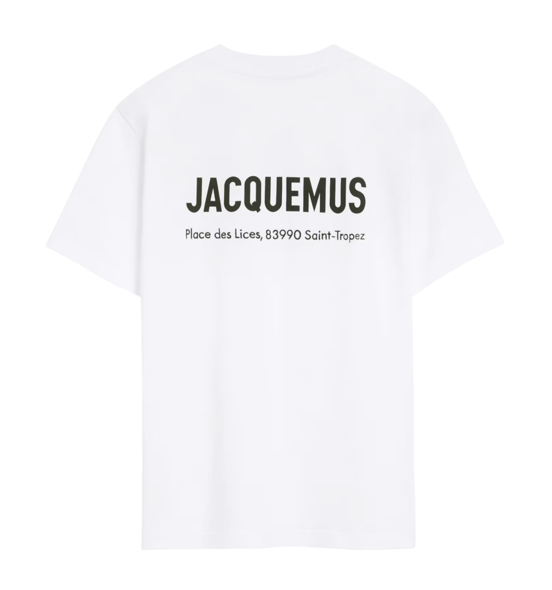 Back view of Saint Tropez t-shirt featuring JACQUEMUS logo and address printed on a white oversized cotton tee.