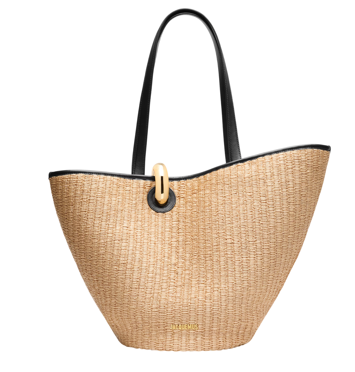 Asymmetric faux-raffia bucket bag with leather trim and gold ring clasp, fully lined with cotton, 60cm height.