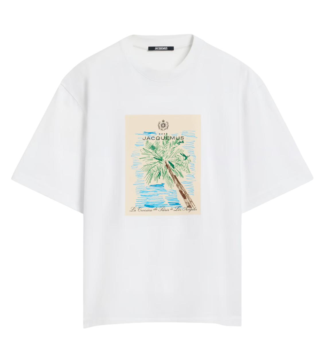 The Marino t-shirt in white with a postcard print, featuring palm trees and embroidered details, relaxed fit and ribbed neckline.