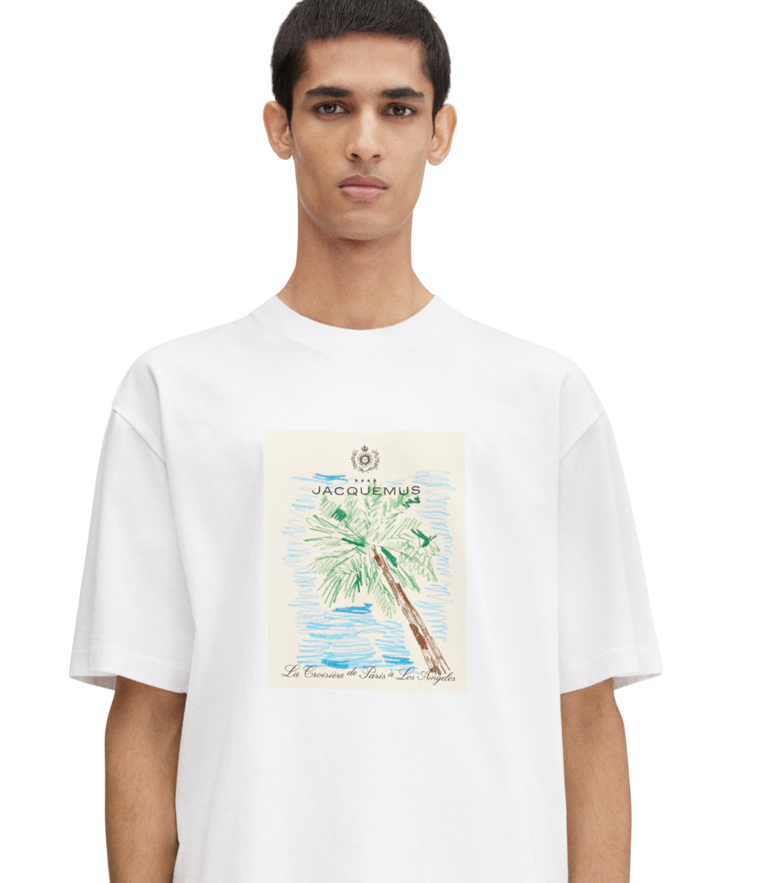 The Marino t-shirt features a postcard print, relaxed fit, and embroidered details. Model is 190cm wearing size M.