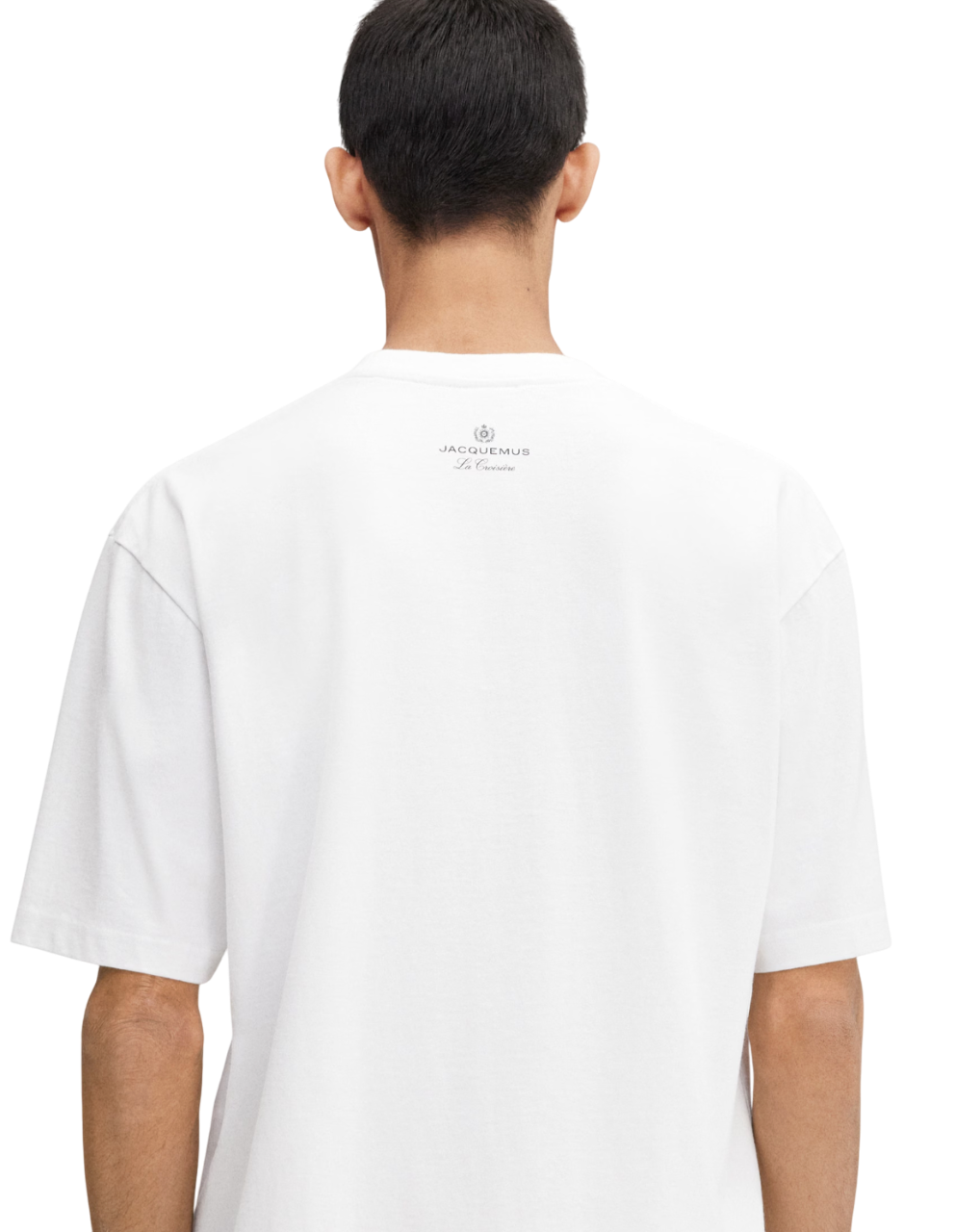 Back view of the Marino t-shirt with Jacquemus logo, featuring relaxed fit and cotton jersey fabric.