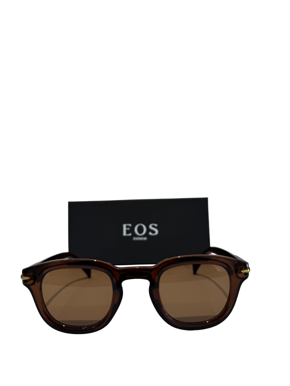 EOS Texas edition eyewear with brown frame and gold details, featuring brown lenses and unisex design.