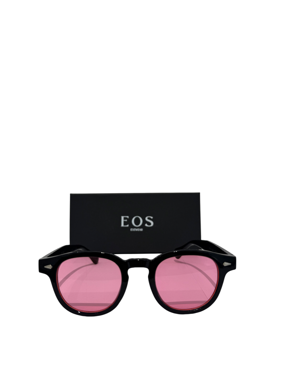EOS eyewear Miami edition sunglasses with black frame and pink lenses, packaged in branded box.
