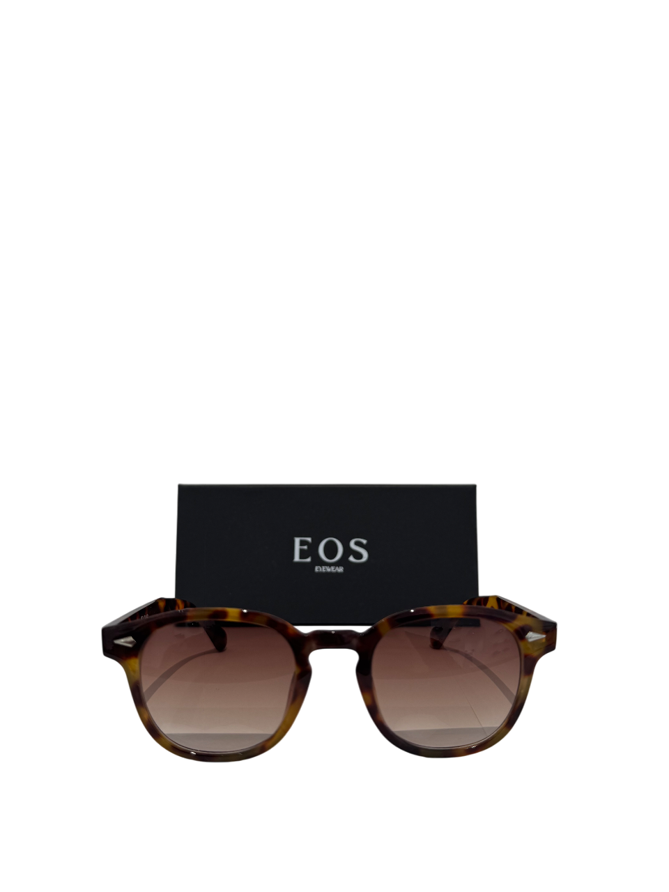 EOS Nairobi edition sunglasses with brown frame, brown gradient lens, and packaging.